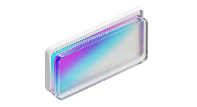 Layered holographic glass rectangles with iridescent sheen and rounded edges, modern abstract design element