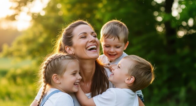 A joyful mother laughing while embracing her three young children outdoors during a sunny golden hour in a lush green park setting