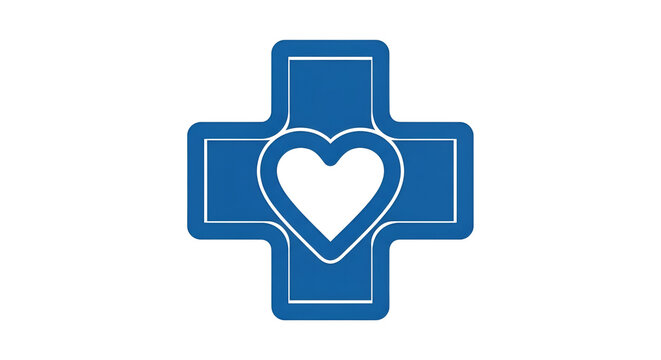 Blue medical cross symbol with heart shape in center on black background; vector health care icon for healthcare related designs