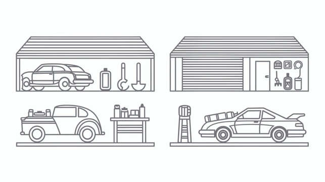 Outlined automotive vector art depicting garages filled with cars and tools