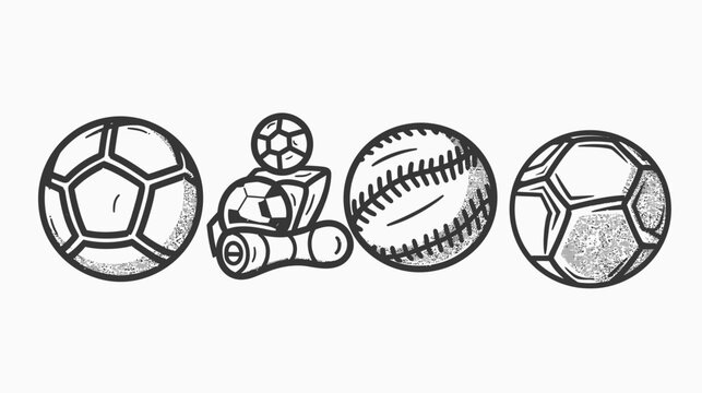 Sketchy balls soccer balls and a baseball are drawn with grainy texture on a white background