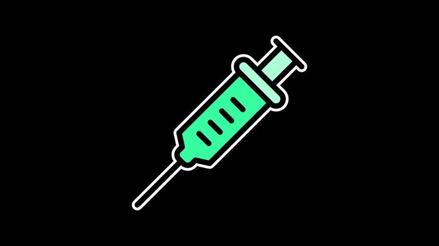 Seamless loop animation of a green medical syringe pulsating. 4K healthcare equipment motion graphic isolated on alpha channel transparent background for vaccination and clinical themes