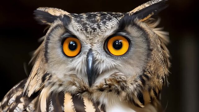 Owl with orange eyes perched quietly during the day at a wildlife center