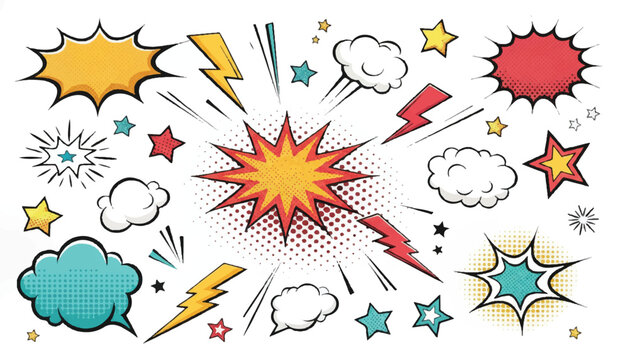 Collection of comic book style explosion and sound effect graphics with vintage comic vintage graphic explosion starburst lightning illustration