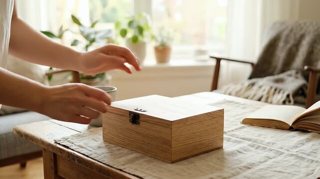 Hands Opening Small Wooden Storage Box on Living Room Table