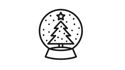 Black line art vector icon of a Christmas snow globe featuring a decorated pine tree with a star on top and falling snow inside, minimalist holiday symbol for winter season designs. © Sana
