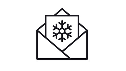 Black vector icon illustration of an open envelope containing a winter greeting card with a snowflake symbol, representing seasonal mail, Christmas cards, holiday messages, and invitations. © Sana