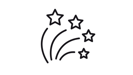 Black vector icon illustration of fireworks or shooting stars with four stars and curved motion trails, minimalist symbol for celebration, success, magic, or achievement on white background. © Sana