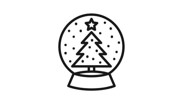 Black line art vector icon of a Christmas snow globe featuring a decorated pine tree with a star on top and falling snow inside, minimalist holiday symbol for winter season designs.