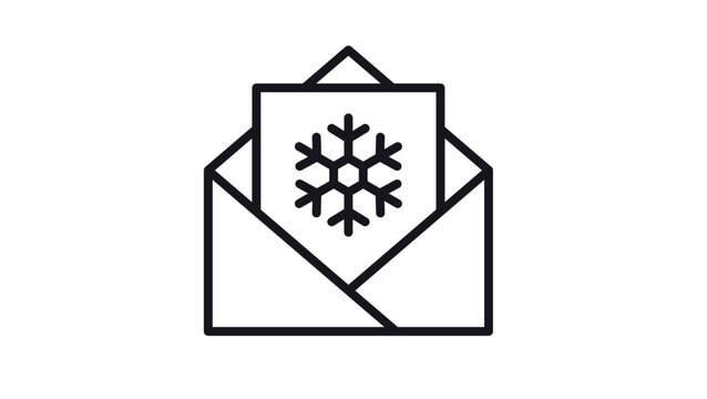 Black vector icon illustration of an open envelope containing a winter greeting card with a snowflake symbol, representing seasonal mail, Christmas cards, holiday messages, and invitations.