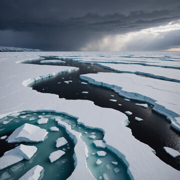 Arctic sea ice pack breaking up in spring with melt pools
