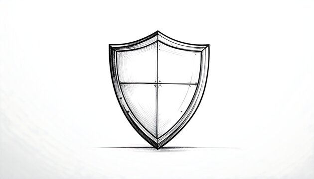 Sketch of a shield with cross, centered on a white background, slightly shadowed with linear shading and texture