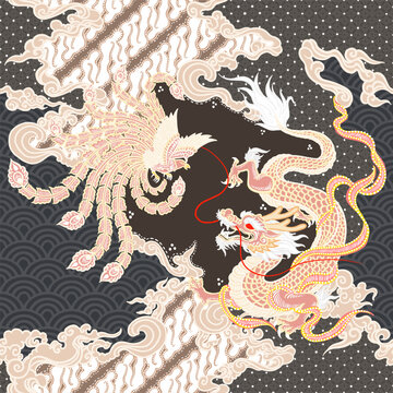Vector traditional batik pattern with dragon and phoenix theme