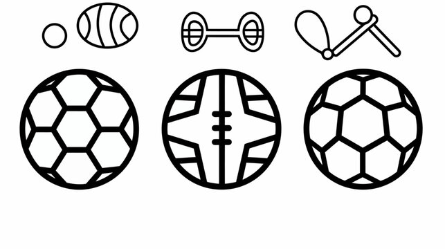 Array of 6 simple black line drawings including a soccer ball and dumbbell shape