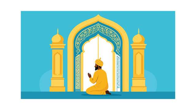 Man in yellow praying inside mosque.