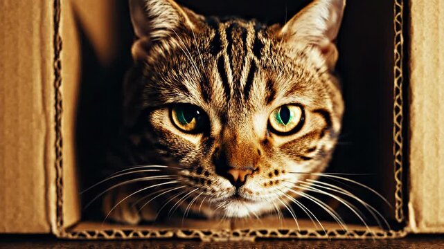 Cute tabby cat peering out from cardboard box