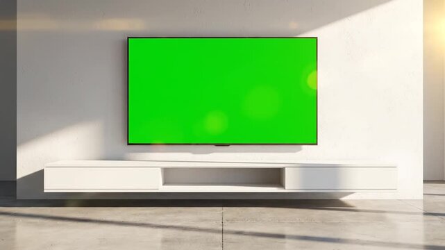 Modern living room interior with a large flat-screen television displaying a vibrant green screen for custom content creation