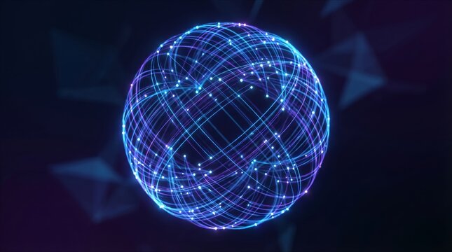 Glowing blue and purple neon wireframe sphere with intersecting lines and dots on dark background