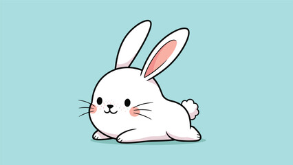 Fototapeta premium Adorable white bunny rabbit lying down on a light blue background, featuring pink ears, rosy cheeks, and a fluffy white tail.