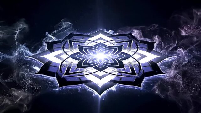 A glowing blue and purple shield-like emblem with smoky swirls on a dark background