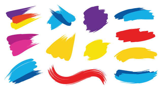 Various colorful paint brush strokes in red, yellow, blue, and purple, arranged randomly to create an artistic and vibrant collection.