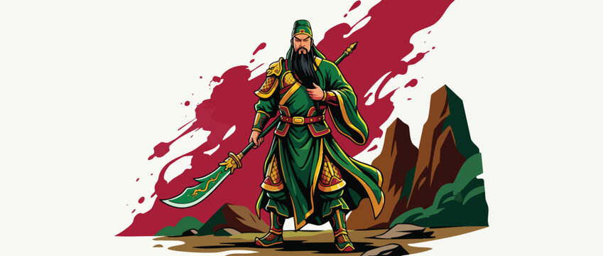 Warrior Guan Yu Figure Holding Ceremonial Blade in Vibrant Battle Scene
