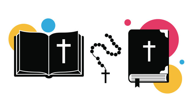 Christian religious collection featuring an open Bible, a closed holy book, and a traditional black rosary for prayer and devotion.