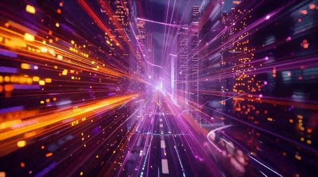 Super-fast digital city data infrastructure with exploding neon light rays and futuristic urban network connectivity (AI Generated)
