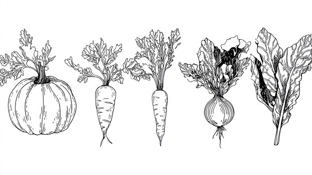 Monochrome sketch depicts a collection of root vegetables and squash with detailed foliage outlines