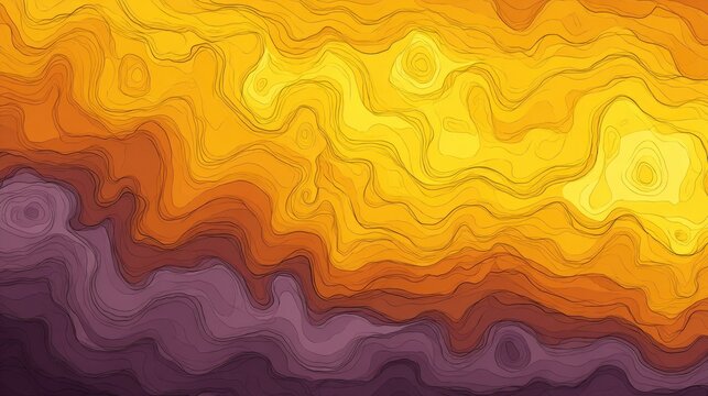 Abstract topographic contours display a transition of warm yellow and deep purple hues