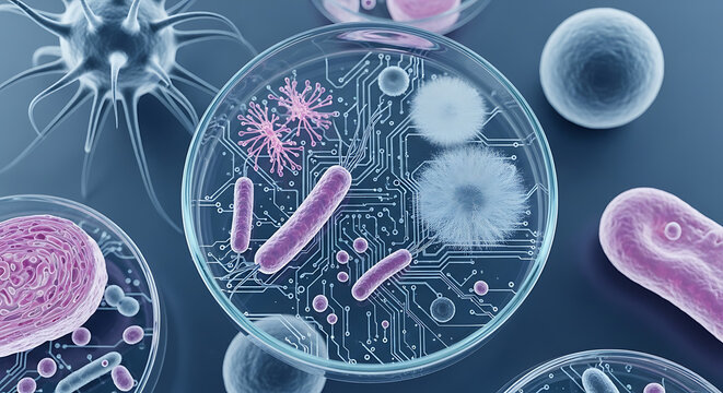 Microscopic view of bacteria and cells in a petri dish, some with circuit board patterns, representing biotechnology and scientific research