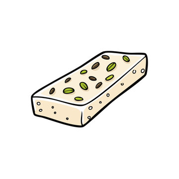 Hand drawn illustration of a rectangle shaped halva dessert with nuts