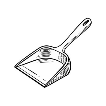 Hand drawn illustration of a dustpan with a long handle isolated on white background vintage style