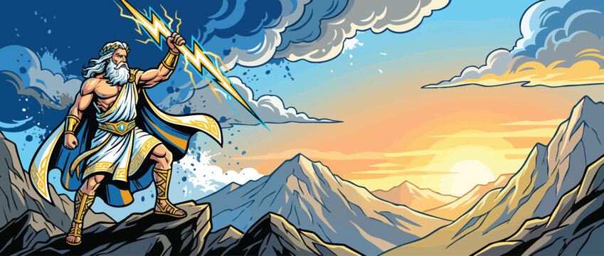 Zeus God Holding Lightning Bolt on Mountain Against Dramatic Clouds
