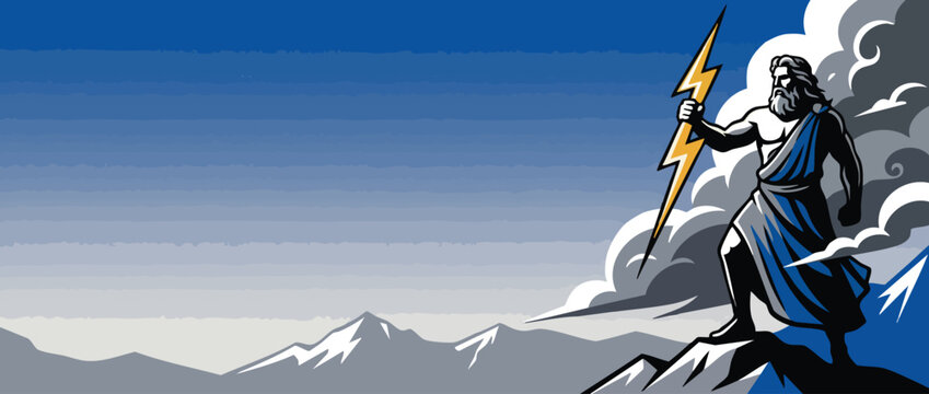 Zeus God Holding Lightning Bolt on Mountain Summit for Power and Majesty