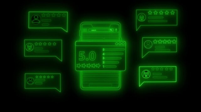 Neon mobile reviews glow animation on black background