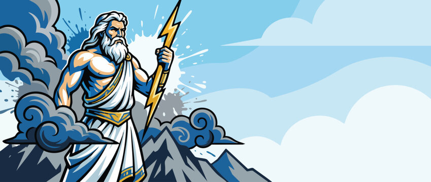Zeus God Holding Lightning Bolt with Storm Clouds and Mountain Peaks