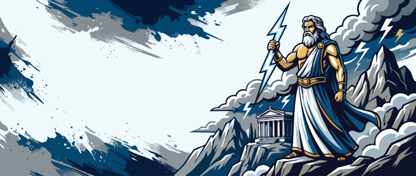 Zeus God of Lightning Standing on Mountain with Storm Clouds Promoting Power