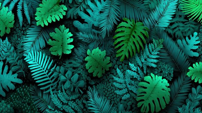 Lush botanical arrangement showcases vibrant green and teal foliage layered against a dark background