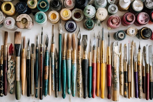 Bookbinding Tools Neatly Arranged in Creative Workspace Context