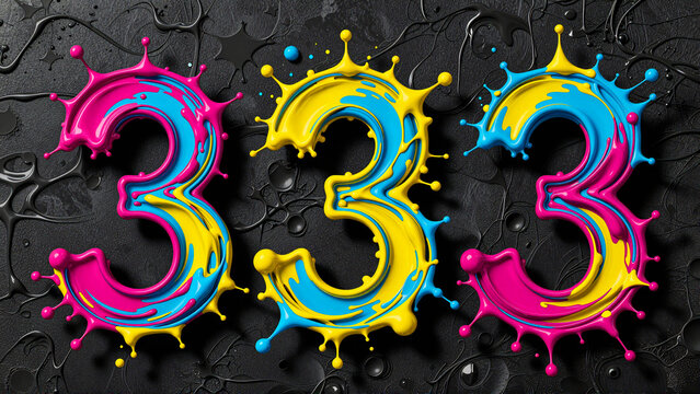 333 Number Art Splash Paint Yellow Pink Blue
