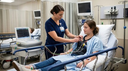 Obraz premium A nurse attentively monitors a young patient connected to medical equipment in a hospital room. The nurse is assisting the patient, who is lying in bed, while observing a heart monitor.