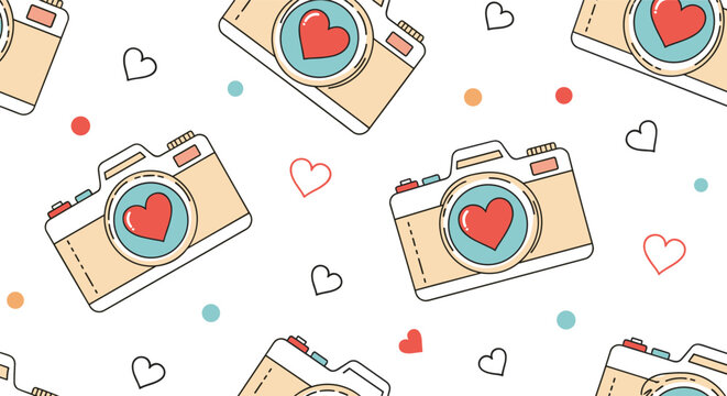 Seamless pattern featuring cute retro cameras and red hearts on a white background with colorful polka dots for photography lovers.