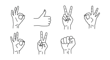 Fototapeta premium Set of various hand gestures in black line art including ok thumbs up peace sign and fist over white background.