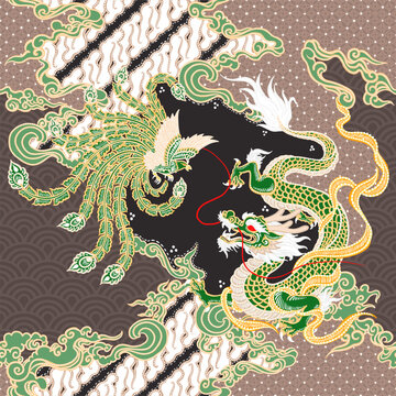 Vector traditional batik pattern with dragon and phoenix theme