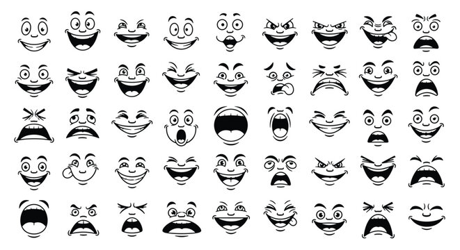 Collection of various cartoon facial expressions with different emotions including happy sad angry and surprised faces.