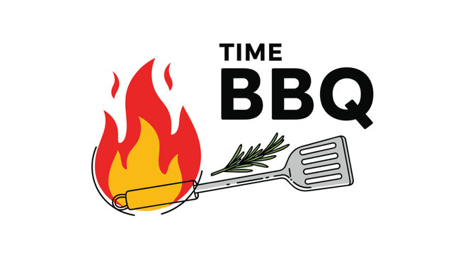 Bbq time conceptual design with fire flames and a spatula utensil next to a sprig of rosemary and bold text.