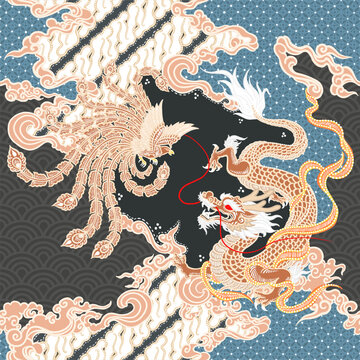 Vector traditional batik pattern with dragon and phoenix theme