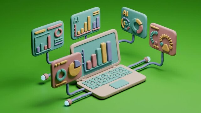 A playful 3D illustration of a laptop with floating data charts and graphs, conveying a sense of digital analysis and innovation.