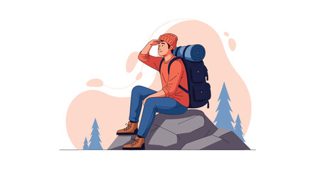 Fototapeta premium Adventurous man with a large backpack sitting on a mountain rock looking at the horizon in a pine forest setting.